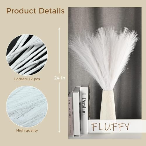 U-LIAN 12PCS Faux Pampas Grass 24 Inch, Small Artificial Pampas Grass Decor for Vase, Fake Fluffy Floral, Artificial Dried Flowers, Dry Plant Home Wedding Boho Decor(White) - color: White, size: 24"-12 PCS