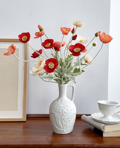 Set of 6 Red Coral Pink and Champagne Mixed Poppy Flowers Artificial, Silk Flowers with Stems for Vase for Wedding Party Home Office Indoor Kitchen Dining Table Centerpiece Decoration - color: Red Coral Champagne