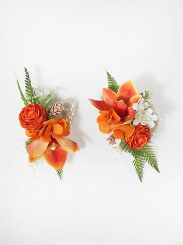 Rinlong 2Pcs Tropical Orchid Wrist Corsage for Wedding, Prom, Homecoming | Bridesmaid, Mother of the Bride Corsage - color: 20-tropical Orange