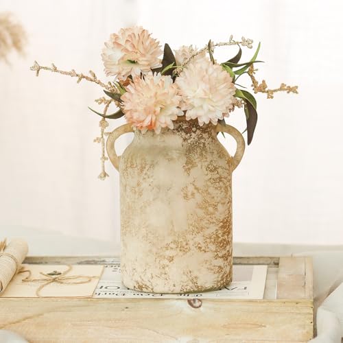 Glass Flower Vase with Handle- 8 Inches Rustic Imitation Ceramic Vase for Flowers, Vintage White Brown Centerpiece Decorations for Farmhouse, Modern Home, Table & Holiday Decorations - color: White Brown