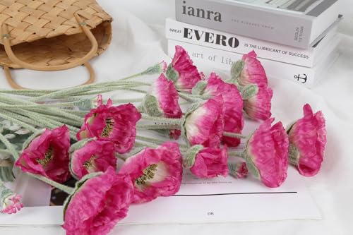 6PCS Fuchsia Poppy Flowers Artificial 30 Heads Faux Poppy Flowers 26.77in Silk Flowers with Long Flocking Stems for Wedding Party Home Office Decoration(Fuchsia) - color: Hot Pink