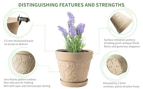 Melphoe Plant Pots Indoor with Drainage & Saucer, 2Pack 10 inch Flower Pots Outdoor Planters for Indoor Plants Garden Home Decor Cactus Succulent, Rigid Plastic (Imitation-Terracotta) Vine-Embossed - color: Undecorated Pottery Color, size: 10''