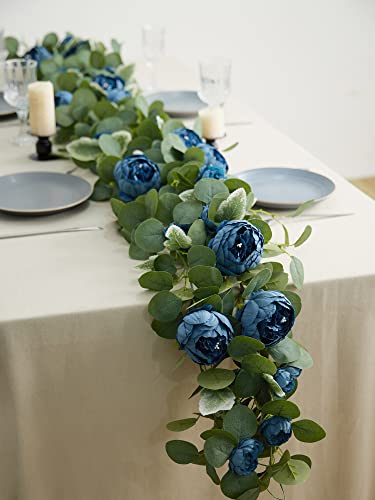 MISSPIN 2pcs Artificial Flowers Garland Eucalyptus Garland Vintage Fake Flower Peony Rose Vine Greenery Decorative Wall Hanging Plant for Wedding Arch Door Arrangement Party Decor - color: Jewel Blue