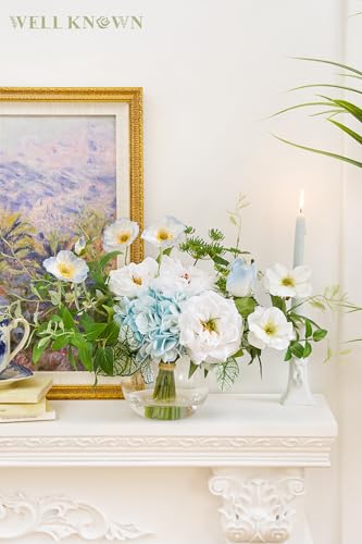 WELL KNOWN Artificial Silk Flowers Bouquet with Vase, Fake Flower Arrangements in Glass Vase with Faux Water for Spring Summer Seasonal Home Office Hotel Wedding Table Decor (Blue in Spring) - color: Blue in Spring