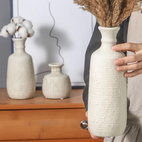 Ceramic Vase Set of 3, Neutral Rustic Vases Home Decor Farmhouse Decorative Vase Whitewashed Pottery Decor Boho Modern for Table Mantel Entryway Bookshelf Living Room Kitchen Bathroom Bedroom - White - color: 011 Vase Set - White