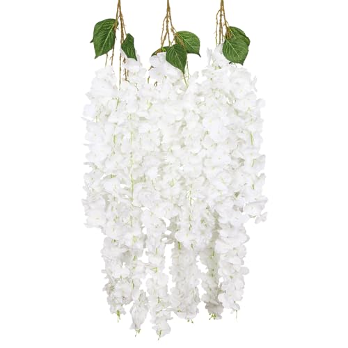 3PCS White Wisteria Hanging Flowers, 5.25ft Artificial Wisteria Garland with 6 Branches Realistic Silk White Hanging Flowers for Decoration, Wedding Arch, Party Backdrop, and Home Wall Decor - color: White