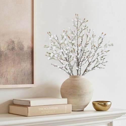 GnFlus 3Pcs Artificial Cotton Branches Fake White Flowers for Winter Spring Indoor Boho Decoration,Faux Long Stem Artificial Flowers for Wedding Home Office Bedroom Party Table Centerpieces - color: Cotton - White