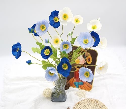 FERIAL 6pcs Artificial Poppy Flowers Silk Fake Poppy Flowers with Stems Faux Poppy Real Touch Flowers for Home Kitchen Table Centerpieces Floral Arrangement Wedding Bouquet Mixed Decoration - color: White&blue