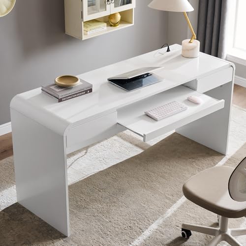 63" Modern Computer Desk with 2 Drawers, Wood Curved Executive Desk with Keyboard Tray & Power Outlet, Writing Desks with Storage for Home Office, Study Room, Living Room (White) - color: White