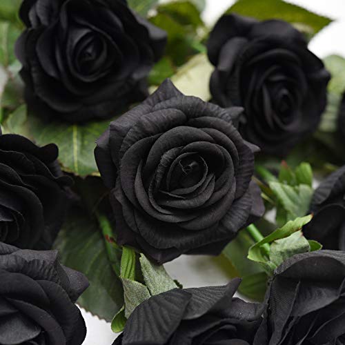 FiveSeasonStuff Fake Black Roses Wedding Flowers Real Touch Silk Artificial Flowers 12 Stems - color: Black