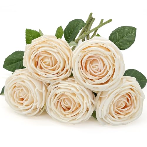 5Pcs Champagne Real Touch Silk Flowers - Lifelike Roses Peony | Lifelike champagne roses & peonies with soft latex touch, no watering needed. Perfect for wedding bouquets, home decor & DIY - color: Champagne