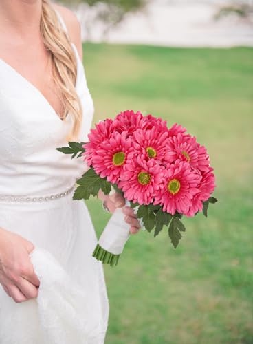 IPOPU 2 Bundles Artificial Gerbera Daisy Flowers 14 Heads Pink Fake Daisy with Stems Faux Silk Daisy Flowers for Wedding Bridal Bouquet Party Floral Arrangements Home Table Centerpiece Decor (Pink) - color: Deep Pink