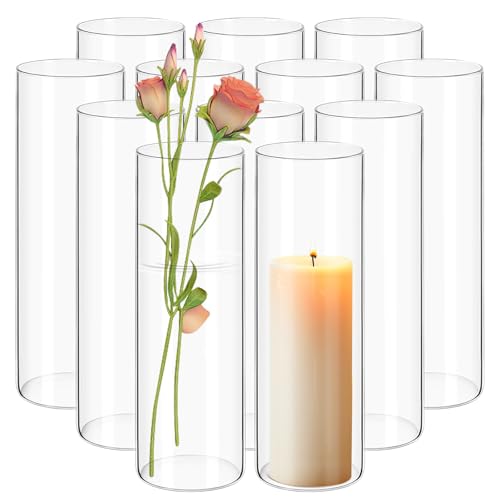 12Pack Glass Cylinder Vases for Centerpieces - 10 Inch Tall Flower Vase for Wedding Decorations, Floating Candle Holder Vase Bulk,Glass Hurricane Candle Holders for Table Shelf, Party, Home Decor - size: 3.35×10inch