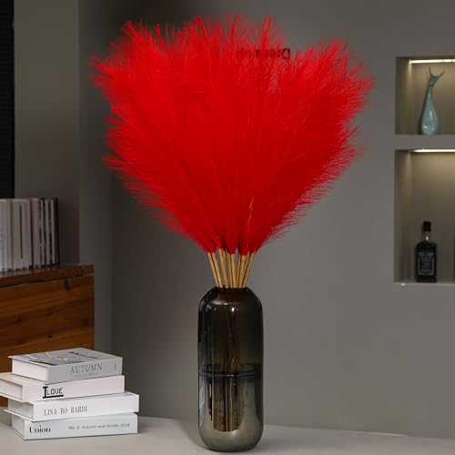 Wertuirk 9 Stems Red Pampas Grass - 38 Inch Tall Fluffy Faux Pampas Grass Decor, Long Artificial Pompas Floral for Living Room, Wedding Centerpieces and Home Decor (Red) - color: Red