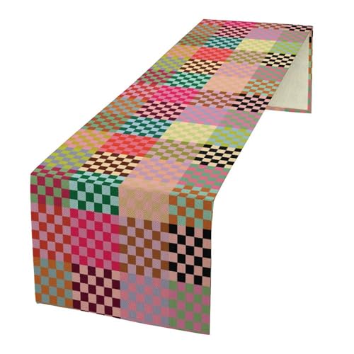 Retro Groovy Table Runner Vintage Hippie Plaid Funky Colorful Geometric Checkered Dinner Runner for Country Farmhouse Kitchen Birthday Party Holiday 36X13inch - color: Checkered-13, size: L36"x W13"