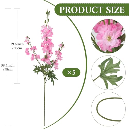 Dark Pink Delphinium Artificial Flowers 5 PCS, 38.5" Tall Flowers for Floor Vase Pink Fake Flowers Realistic Artificial Snapdragon for Wedding Home Party Centerpiece for Table - color: Pink