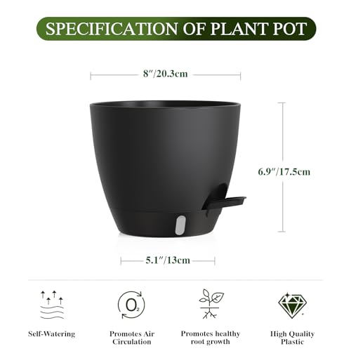 Self Watering Pots with Drainage Holes, 2 Pack 8 Inch Plant Pots with Water Level Indicator Deep Reservoir, Large Plastic Planter for Indoor Outdoor Plants - Black - color: Black, size: 8 Inch 2 Pack