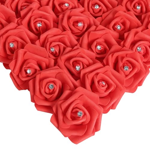 IPOPU 100pcs Red Foam Rose Artificial Flower Bulk with Crystal 3in Real Looking Stemless Fake Roses for DIY Craft Wedding Bouquets Wall Decoration Bridal Shower Arrangement Home Decorations(Red) - color: Red With Crystal