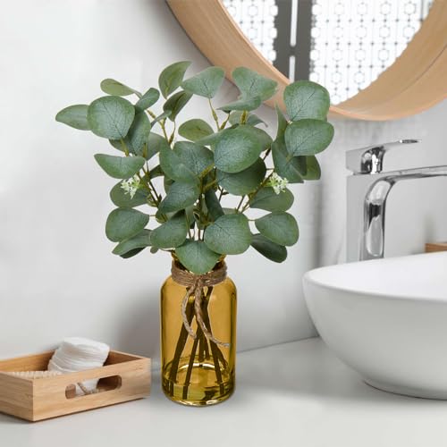 Briful Artificial Eucalyptus Stems in Amber Glass Vase with Faux Water, 14" Fake Plant Eucalyptus Leaves for Home Office Farmhouse Wedding Centerpiece Décor - color: Amber