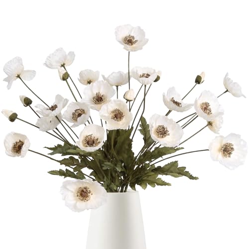 IPOPU White Artificial Poppy Flowers 6pcs Poppies White Artificial Flowers with Stems Silk Flower Arrangements for Wedding Centerpieces for Home Table Bridal Shower Party Decorations (White) - color: White