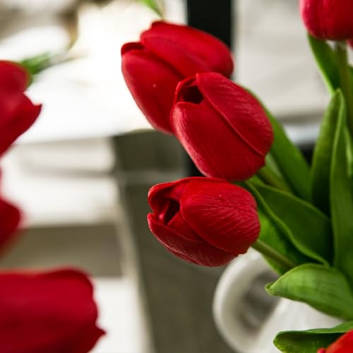Tanvecle 20pcs Red Artificial Tulip Flowers, Silk Fake Flowers 13" for Mother's Day, Easter, Valentine’s Day Gifts in Bulk, Home, Kitchen, Wedding Decorations - color: Red