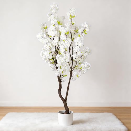 6.56ft White Artificial Cherry Blossom Tree Indoor Decor,Nearly Nature Silk Flower Fake Tree Tall,Realistic Faux Cherry Plant Tree for Christmas New Year Home Decor - color: White-ap17
