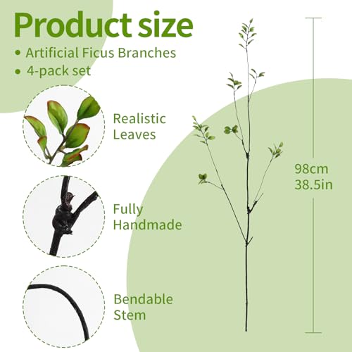 dallisten 38.5'' 4Pcs Artificial Greenery Stems Plants, Realistic Fake Ficus Twig Branches, Faux Leaf Spary Branches for Vase Filler Office Table Wedding Home Decor - color: Green