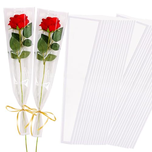 BEISHIDA 100 Pcs Single Rose Sleeve Bouquet Bags Kraft Paper Flower Bouquet Wrapping Paper Clear Single Flower Sleeve Rose Packaging For Mother's Day,Wedding,Valentine's Day(15.7 X 4.7in-White) - color: single-white
