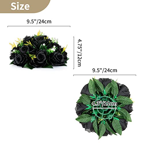 NUPTIO Black Artificial Roses Flowers: 6 Pcs Fake Flower Bouquet Halloween Decorations - 15 Heads Artificial Rose Centerpieces with Base for Gothic Wedding Party Table Decor - color: Black, size: 6 Pcs