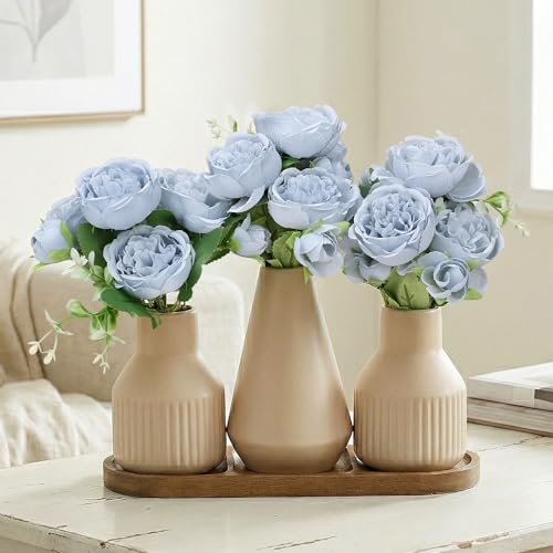 Flower Table Centerpiece - Dining Table Centerpiece Decor Set of 3 Fake Peonies in Ceramic Vases & Wood Tray Modern for Kitchen Island Living Room Coffee Table Home Decor (Blue) - color: Blue
