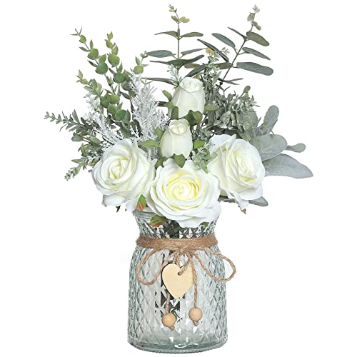Faux Flowers with Vase,Artificial Silk Roses in Vase, Fake Plant Eucalyptus Flower Arrangement for Home Office Farmhouse Bathroom Dining Table Centerpiece Decorations Coffee Table Decor (White) - color: White