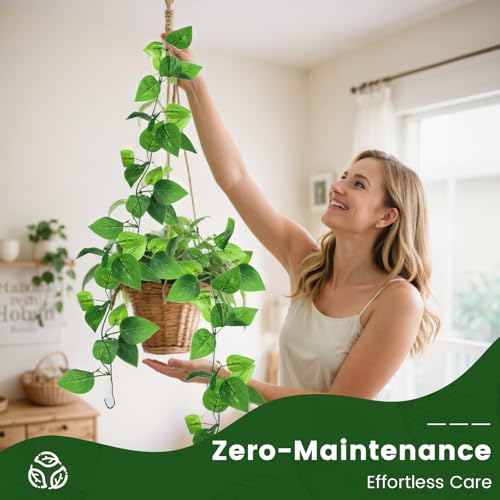 DomeStar 2PCS Fake Vines, Fake Pothos Hanging Plants Ivy Vines, Artificial Greenery for Home Kitchen Wall Decor Aesthetic Home Decor (No Baskets)