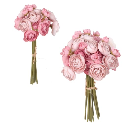 IPOPU Artificial Ranunculus 2 Bouquets Silk Flowers with Stems 12PCS Faux Ranunculus Mini Fake Flowers for Wedding Bouquet Bridal Shower Decorations Floral Filler Flowers Centerpieces (Dusty Rose) - color: Dusty Rose