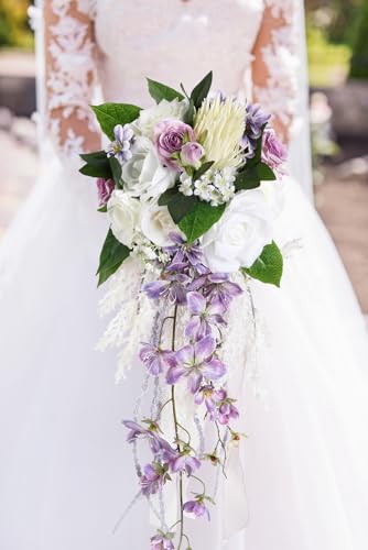 Bridal Bouquet,9 Inch Wedding Bouquets Purple and White Fake Wedding Silk Flowers for Ceremony Anniversary Brides Shower(Purple) - color: Purple