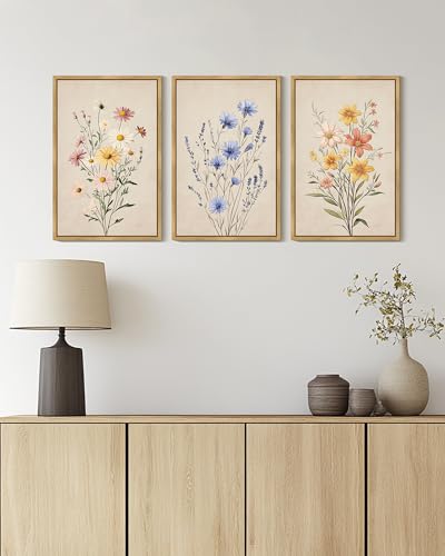 PHOPAGO Vintage Wildflower Bouquet Framed Wall Art Large 16x24in Botanical Flower Wall Decor Modern Colorful Floral Living Room Bedroom Hanging Decor - Natural Framed - color: Multicolour Floral, size: 24L" x 16W" x 3 Pcs Natural