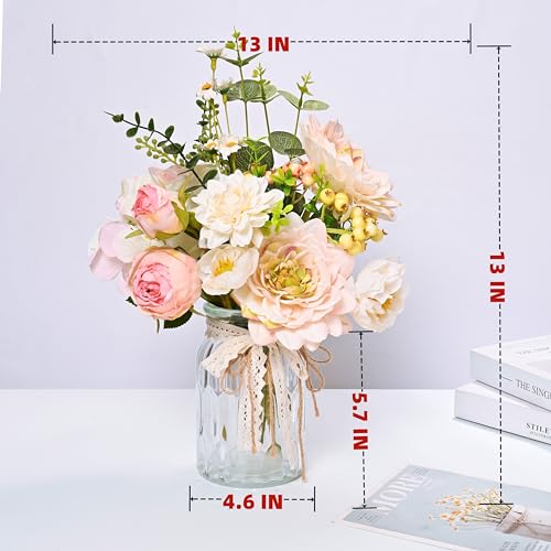 LUEUR Artificial Hydrangea in Vase for Mothers Gifts, Fake Silk Pink Flower Bouquet Artificial Flowers with Pot, Faux Dahlia Arrangement for Spring Living Room, Centerpiece Table Decorations - color: Pink
