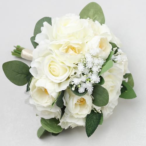 Wedding Bouquets for Bride, 11 Inch Bridesmaids Bouquets Artificial Flower Bouquets for Wedding Ceremony Bridal Shower Decorations - White - color: Ivory White