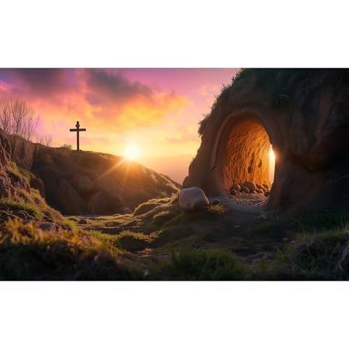 Empty Tomb Backdrop Sunrise Jesus Tomb Resurrection of Jesus Backdrop Holy Light Easter Background Rebirth of Jesus Bible Story Church Sanctuary Decor Crosses Jesus Christ Background 5x3ft - color: Black_Yellow, size: 5x3ft