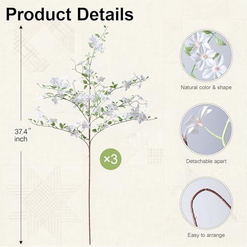 Fake Flowers, 3 Pcs Artificial Flowers Greenery Stems Faux Greenery Stems Branches for Vases Realistic Silk Real Touch Spring Greenery Stems Bulk Bedroom Office Wedding Table Summer Home Decor - color: White