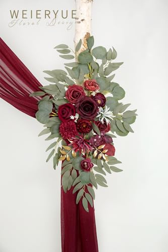 Artificial Wedding Arch Flowers Kit(Pack of 3),2Pcs Artificial Flower Arch Decor,1Pcs Sheer Drape for Wedding Ceremony Arbor for WeddingCeremony (Wine red Memory) - color: Wine Red Memory
