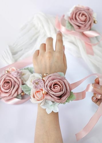 Set of 2 Wrist Corsage Wristlet for Wedding Bridesmaid Mother Grandmother for Bridal Shower Wedding Artificial Roses Flower Prom Dusty Blush Pink - color: Dusty Blush Pink