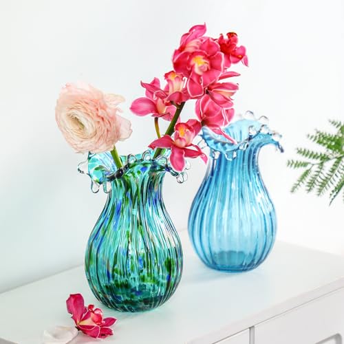 Green Glass Bubble Vase for Flowers, 8.5" Blown Glass Vase for Home Decor, Modern Art Flower Vases Decorative | Table Centerpiece, Olive Plant, Wedding, Living Room, Bookshelf, Office, Entryway - color: Green Bubble