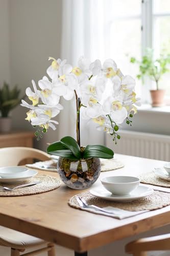 White Orchids Artificial Flowers 16.5" Faux Orchids Plant in Pot Fake Flower Arrangements with Glass Vases White Centerpieces for Kitchen Dining Room Tables Bathroom Nightstand Shelf Desk Decor - color: White Orchid & Brown Stones