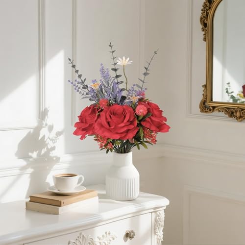 Artificial Flowers in Vase, Silk Roses Flowers Artificial Eucalyptus Lavenders Small Daisies and Fake Plants in White Ceramic Vase, Floral Centerpieces for Tables, Faux Flowers for Coffee Table Décor - color: Red