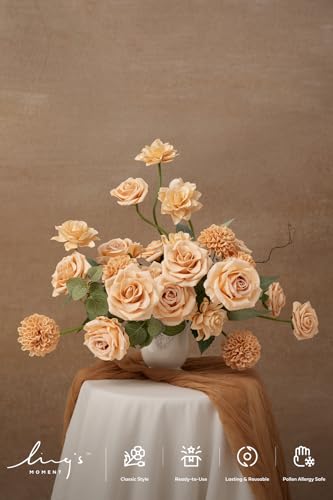 Ling's moment Artificial Flowers Fake Silk Roses Faux Dahlia Foam Gardenia Combo for DIY Wedding Bouquets Centerpieces Arrangements Bridal Shower Party Home Decorations, Apricot & Peach, 24pcs - color: Or-apricot