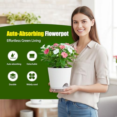 Plant Pots 8 Inch Self Watering Pots, 2 Pack Plastic Planters with Drainage Holes and Clear Saucers,Plastic Flower Pots for Indoor Out Door Plants(White) - color: White, size: 8 inch
