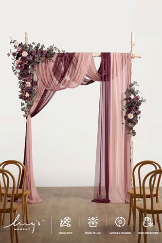 Ling's moment Wedding Arch Flowers with Sheer Drapes Kit - Artificial Deep Plum Floral Arrangements for Ceremony Backdrop, Arbor Decor, 5-Piece Set (2 Flower Stems + 3 Hanging Drapes) - color: Prpl-deep Plum