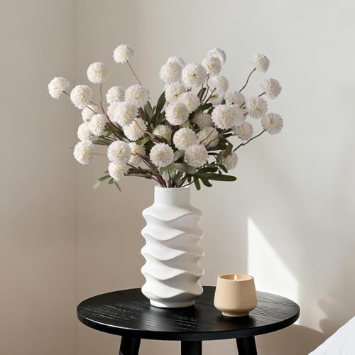 HyeFlora Fake Kiku Flowers, Faux Silk Pompon Mums Artificial Flowers, Chrysanthemum Stems Floral Arrangement Dried Flowers Vintage Decorative Indoor Home Vase Decor White (Vase not Included) - color: 8pcs-white