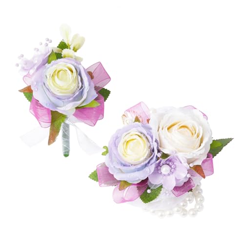 Wrist Corsage and Boutonniere Set, Artificial Rose Corsage Wristlet and Boutonniere for Wedding Prom Party (Purple-002) - color: Purple 1 Boutonniere&1 Wrist Corsage