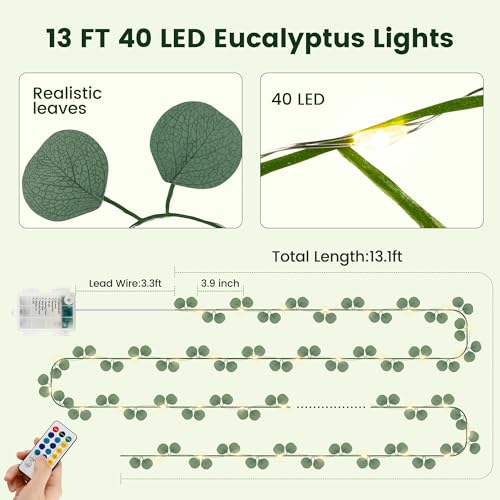 HEYFUNi Eucalyptus Vines with Lights & Remote, 13Ft 40 LED Fake Eucalyptus Garland Fairy Lights, USB & Battery Operated, 8 Modes Dimmable Timer for Bedroom Wall, Dorm Room, Wedding Decor, Warm White - color: Eucalyptus, size: 40 LED-USB & Battery